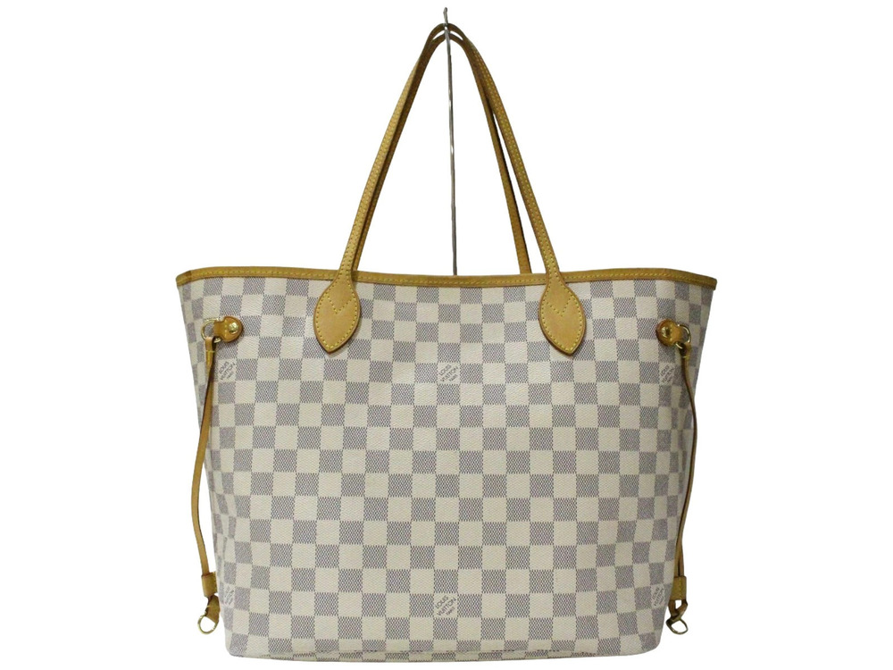 Louis Vuitton Neverfull Damier Tote Bag Canvas Leather Azur White Beige